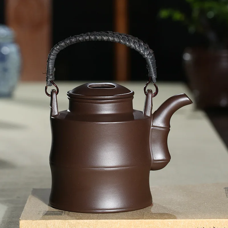 High Quality Ocean Barrel Purple Clay Pot Yixing Ore Bamboo Segment Loop-Handled Teapot Handmade Kung Fu Teaware Gifts