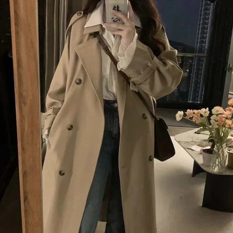 

Korean Classic Khaki Long Trench Coats Women Fashion Belt Windbreaker Spring Autumn Overcoat Double Breasted Winter Coat