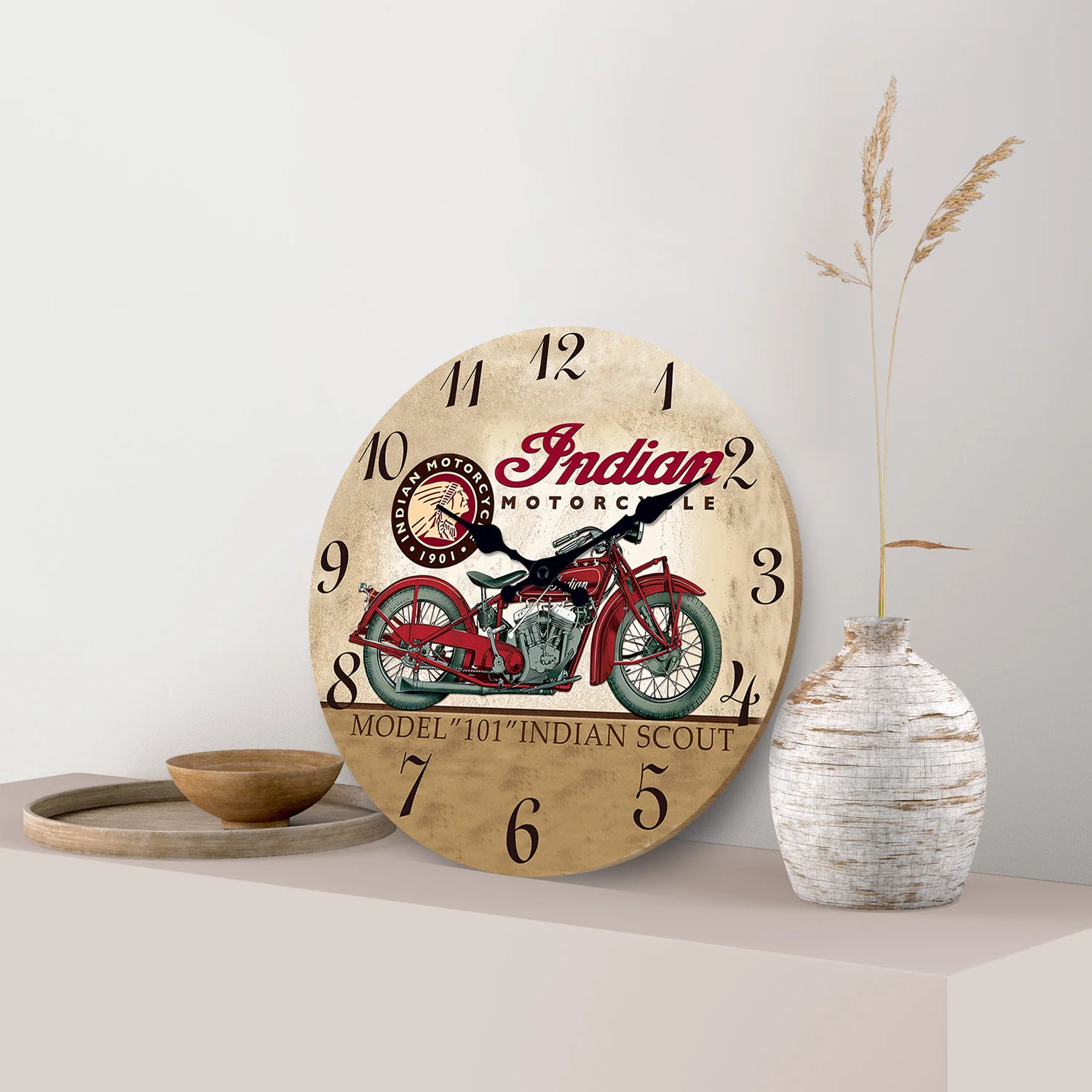 Personalized Judian Indian Motorcycle Wooden Wall Clock Living Room Bedroom Kitchen Home Decoration Wall Clock Silent Quartz Clock Holiday Gift