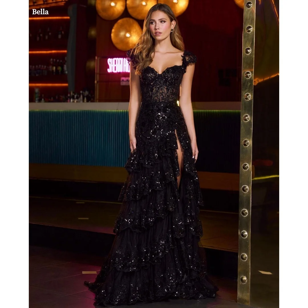 

Bella Customized Black Sequins Multi-Layered Side Slit robes de soirée Mesh Fabric Party Dresses Floor-Length Prom Dress 2025