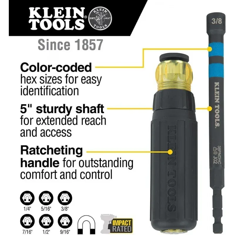 32950 Ratcheting Impact Rated Hollow Power Nut Driver Set with Handle, Magnetic, Coded, 6 SAE Hex