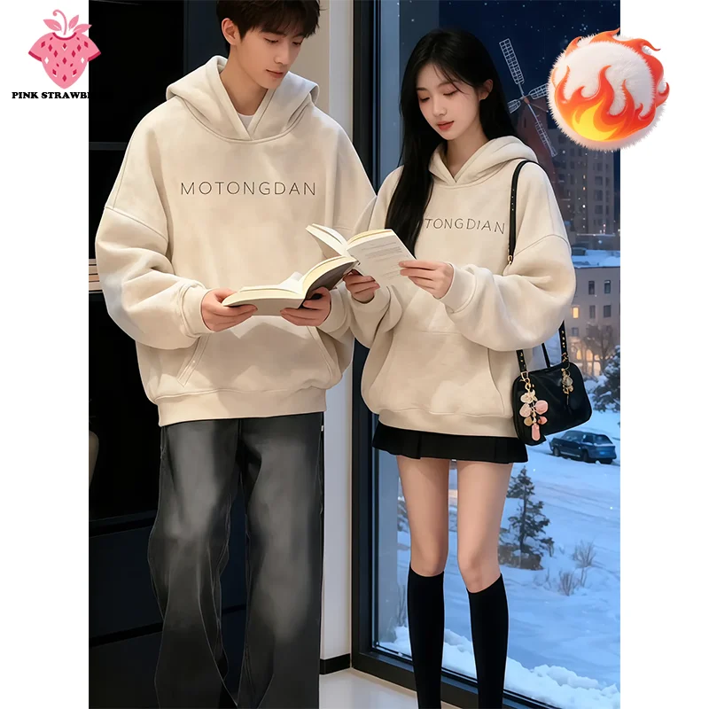 

Oversize White Gray Couple Hoodie Women Autumn Winter 2025 New Cotton Long sleeves Pullover Sweatshirt Y2K Tops Ladies clothing