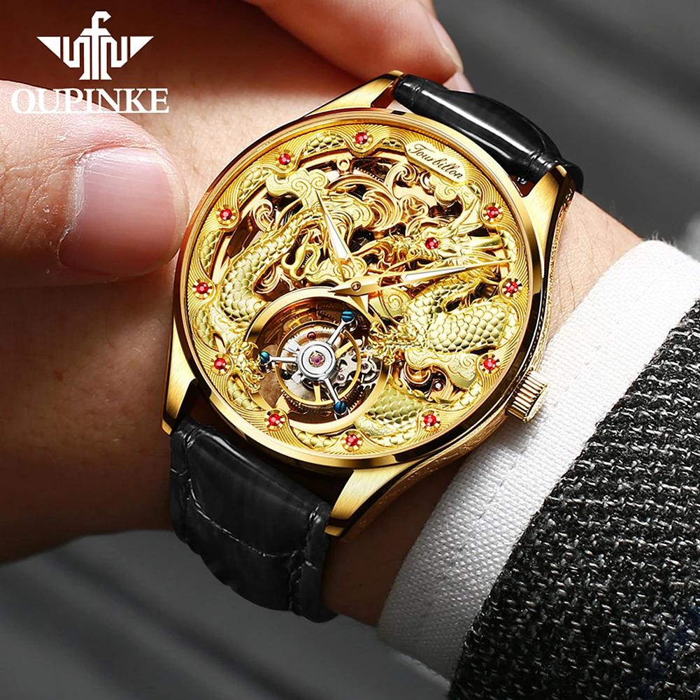 100% Authentic Tourbillon Watch for Men 3D Relief Golden Dragon Top Luxury Symbol of Identity Mature Men\'s Watches Automatic