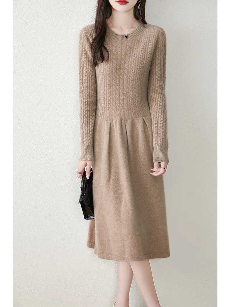 Threaded Sky Sketched Round Neck Knitted Dress Women's Autumn/Winter New Collection 100% Wool Long Skirt Pullover A-line Skirt