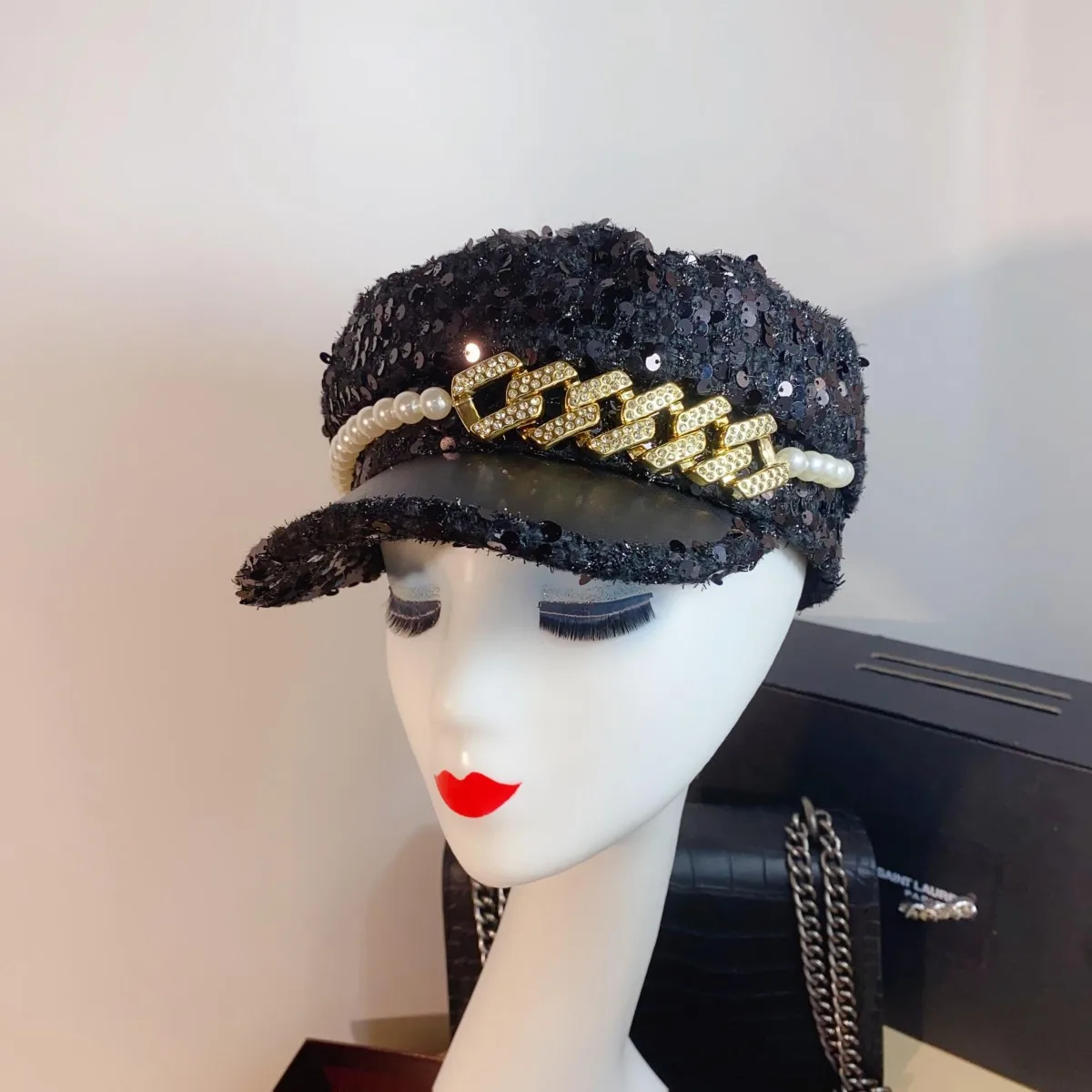 Autumn and winter small fragrant style spliced baseball cap new product coarse woolen sequin pearl chain military cap for women image 5