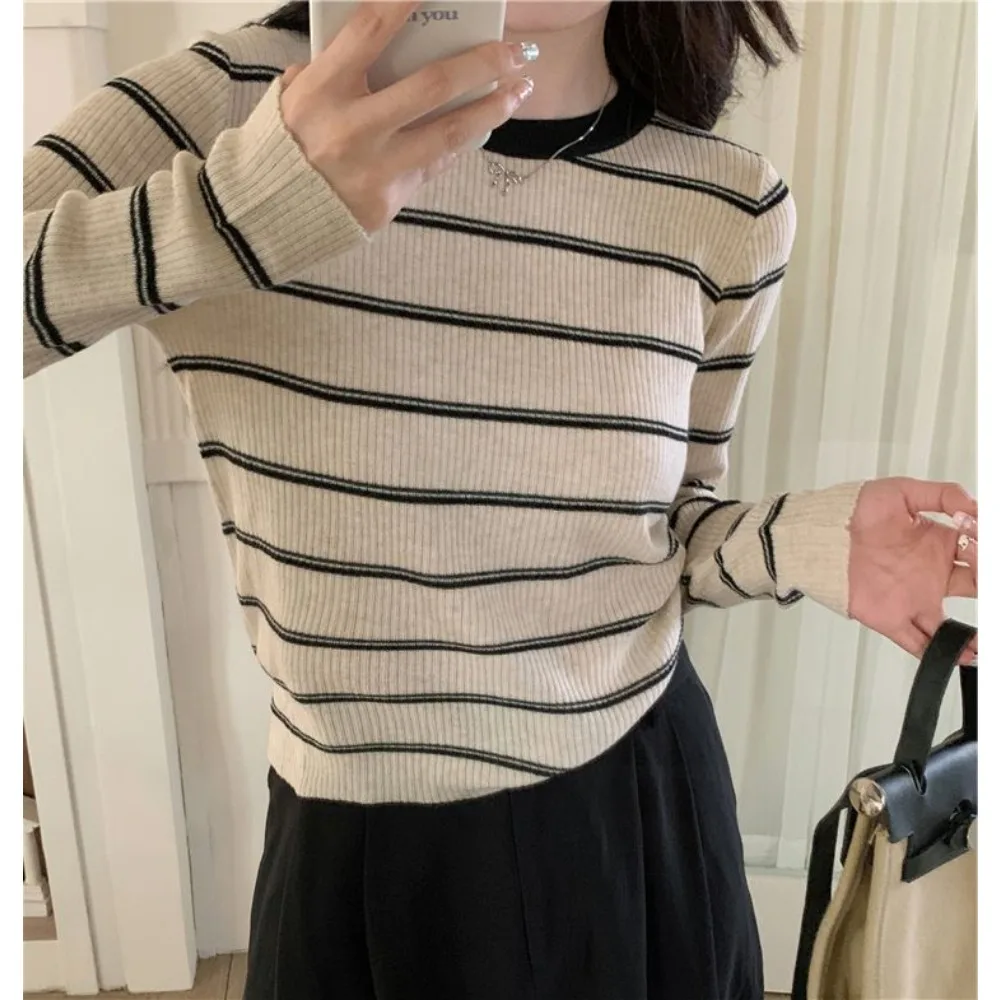 

Полосатый вязаный свитер с цветными блоками, женский тонкий повседневный пуловер с длинными рукавами, джемпер