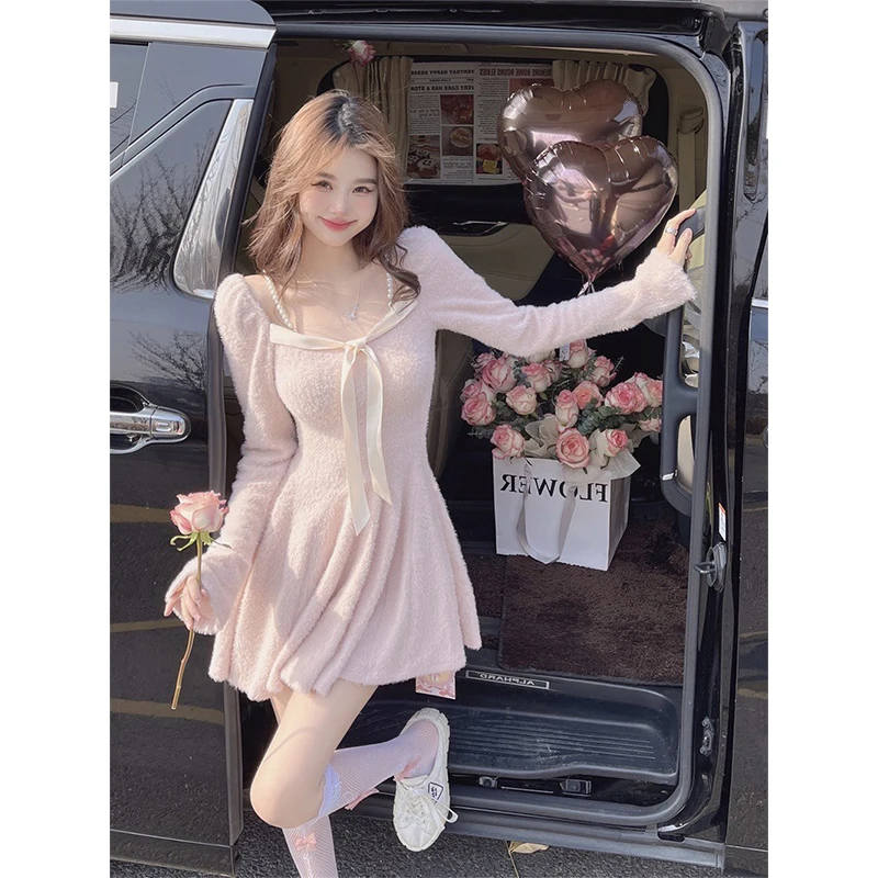 Kawaii Rosa Mini Kleid Frauen Mode Party Sexy Slash Neck Kette Kleider Winter Y2K Koreanische Langarm Bodycon EINE Linie Vestidos