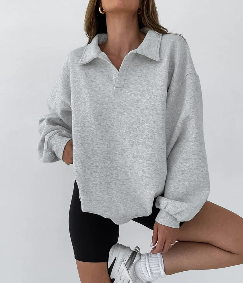 

Gray Turn Down Collar Oversize Sweatshirts Women Long Sleeves Terry Knitted Pullover Tops Sporty 2024 Female Sweater