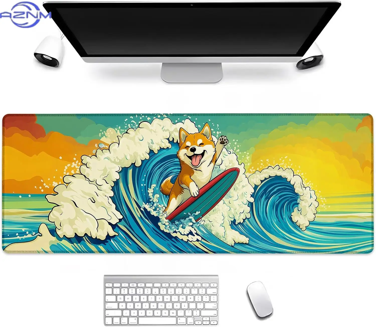 Cartoon Beach Dog Large Mouse Pad, Stitched Anti Slip Rubber Base Mat for Gaming Desk Office PC Keyboard Desktop Accessories