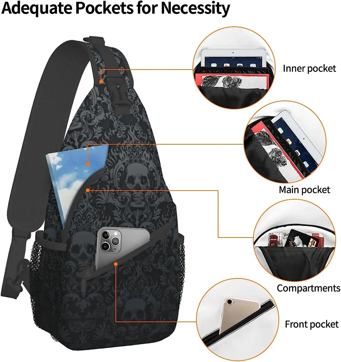 Skull Sling Bag Gothic Sling Backpack Black Crossbody Bag Men Casual Shoulder Daypack for Women Men Lightweight Travel Hiking