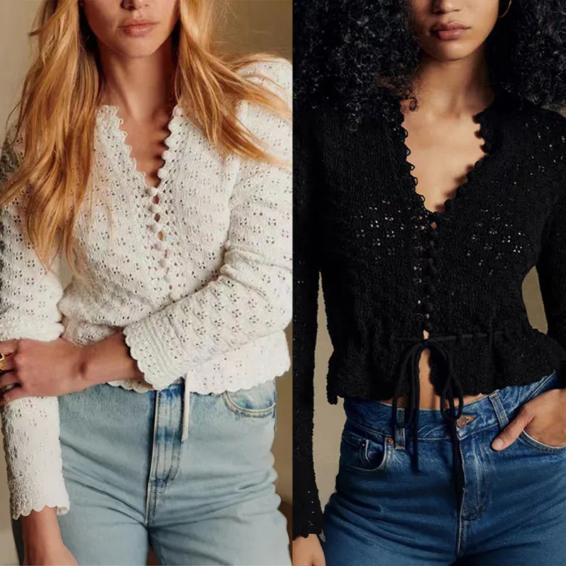 

【Подарок бесплатно】2025 осень-зима ниша органический хлопок крючком ажурный вязаный топ с завязками на талии и круглым вырезом для женщин