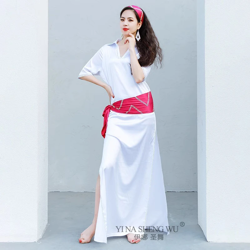 Novo barato egito baladi gasto saidi robe solto feminino dança do ventre oriental prática wite traje 4 peça conjunto com cinto