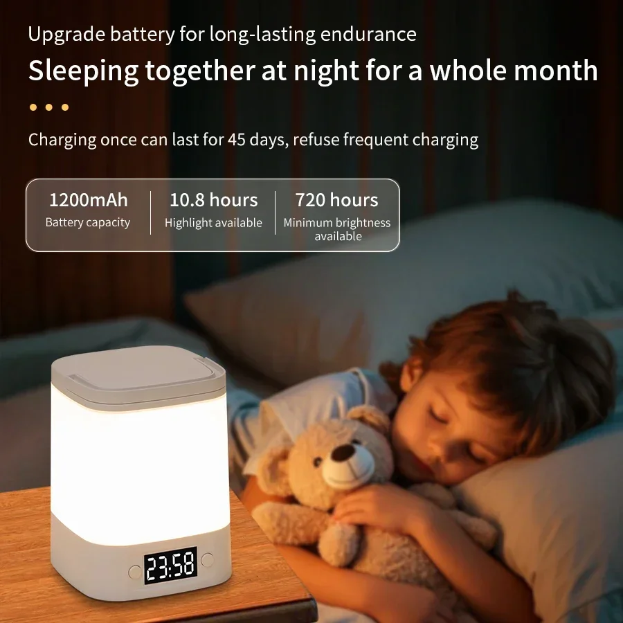Akumulatorowa lampka nocna z wyświetlaczem czasu, dotykowy włącznik, 3 kolory LED, lampka biurkowa, lampka do spania, dekoracja sypialni.