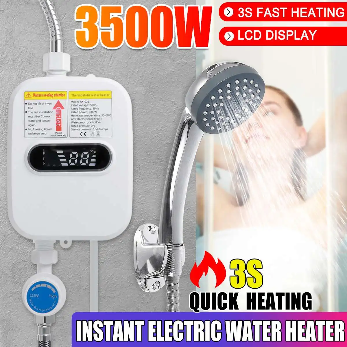 

Instant Water Heater Shower 3500W 110V 220V 3S Heating Bathroom Kitchen Tankless Electric Water Heater Temperature Display