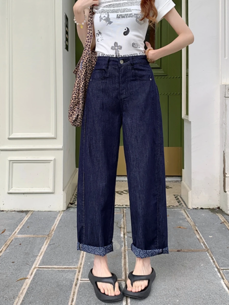 

Джинсы женские с высокой талией, широкие, синие, летние, тонкие, свободного кроя, прямые, из денима, больших размеров, винтажные, длиной до щиколотки