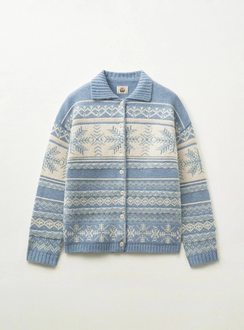 

Sweet Sle Knitted Sweater Cardigan Winter Collection Snowflake Embroidery Turn-down Collar Long Sve Regular Length