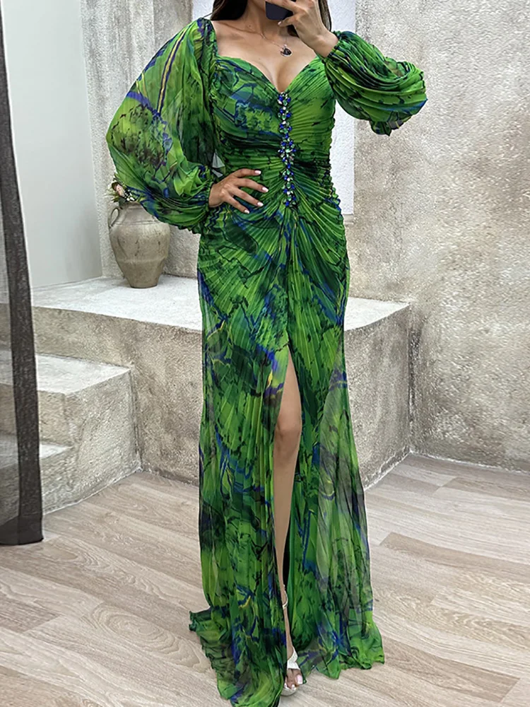 

Sexy Women Vacation V Neck Long Dress Full Sleeve Patchwork Folds Slim Dress Summer Female Party Maxi Dress Floor-Length Vestido