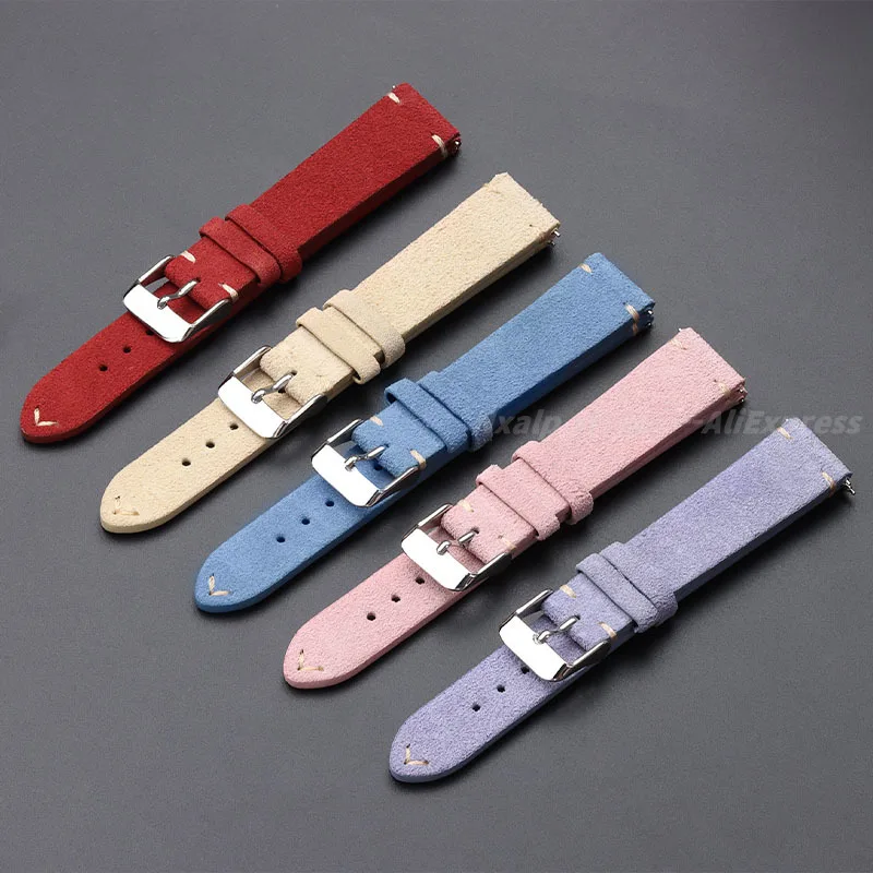 New Suede Genuine Leather Watch Band 14mm 16mm 18mm 20mm 22mm Men Women Vintage Handmade Stitching Wristband Quick Release