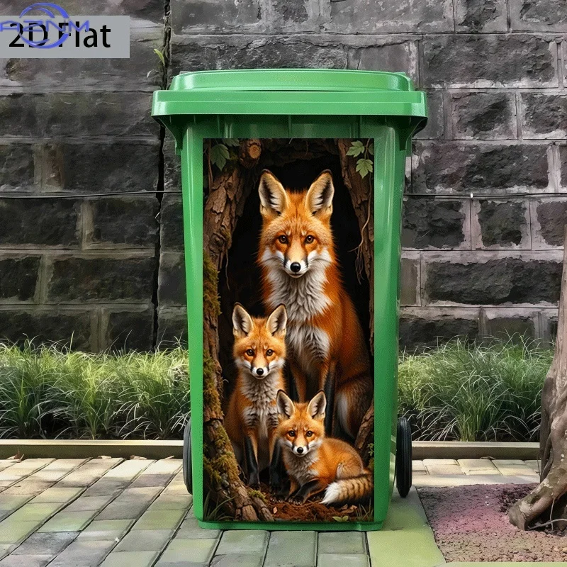 2D Flat Printing 1pc Trash Can Sticker 14.57×32.28inch, Mother and Cub Fox Warm Scene Themed Design, Self-Adhesive Wall Decal