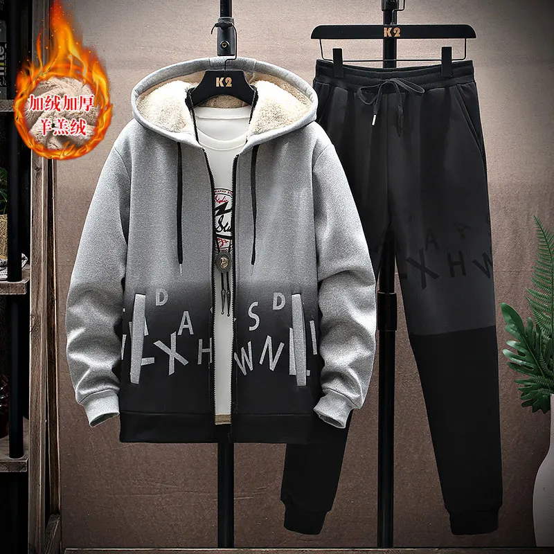 Hoodie + Pants High quality winter gradient trend matching lamb cashmere cardigan hoodie suit men, letter pattern sports two-pie