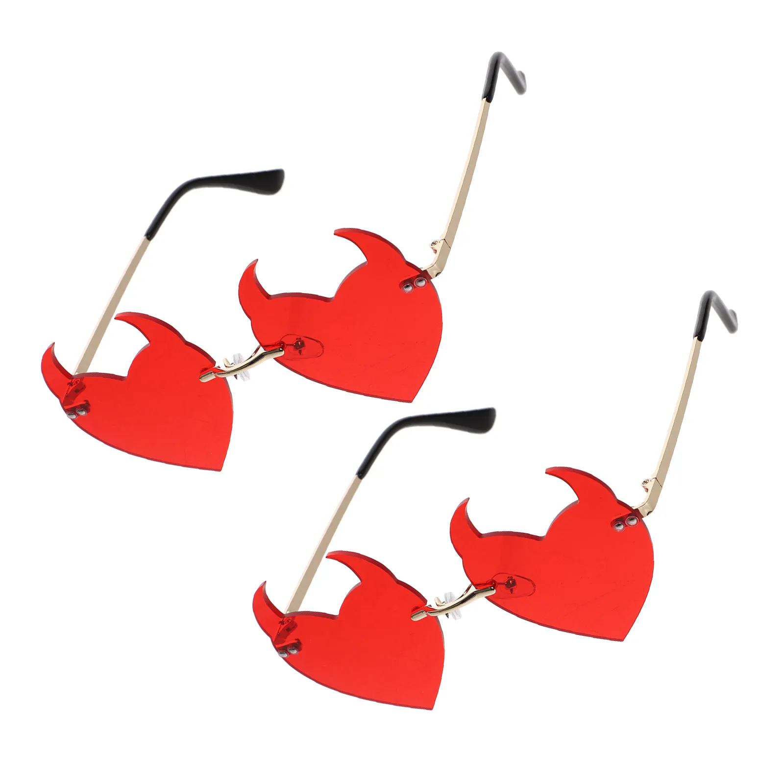 

2Pcs Unique Rimless Sunglasses Heart Shape Horn Details Flame Accent Fashionable Eyewear for Outdoor Summer Party Birthday Rave