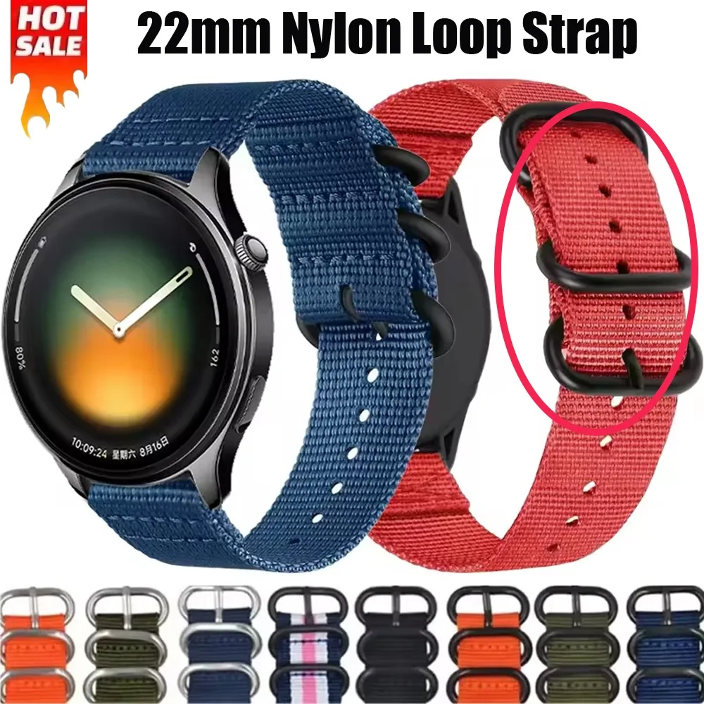Bracelet en nylon de 22 mm pour Xiaomi Watch 5/S5-4-3-2-1, boucle à trois anneaux, bracelet réglable, compatible avec OnePlus Watch 3 2 2R/OPPO Watch 4 Pro/X X2