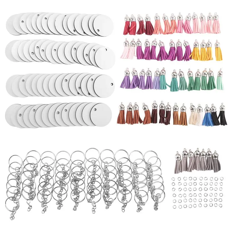 AA38M 240 Pieces Sublimation Blanks Keychain Set Round Key Rings Sublimation Ornament Blanks Heat Transfer Keychain Tassels