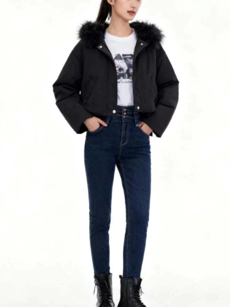 

Female Winter Chic Casual Streetwear Women Faux Fur Hooded Cotton Jacket Fashion Solid Stand Collar Zipper Pockets Short Coat