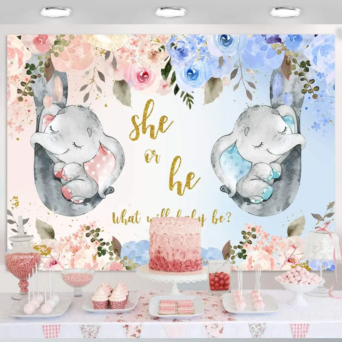 การเปิดเผยเพศฉากหลังถ่ายภาพเด็กแรกเกิดสไตล์โบฮีเมียนดอกไม้การ์ตูนช้างสำหรับเด็กชายหรือเด็กหญิงพื้นหลังรูปฝักบัวเด็ก