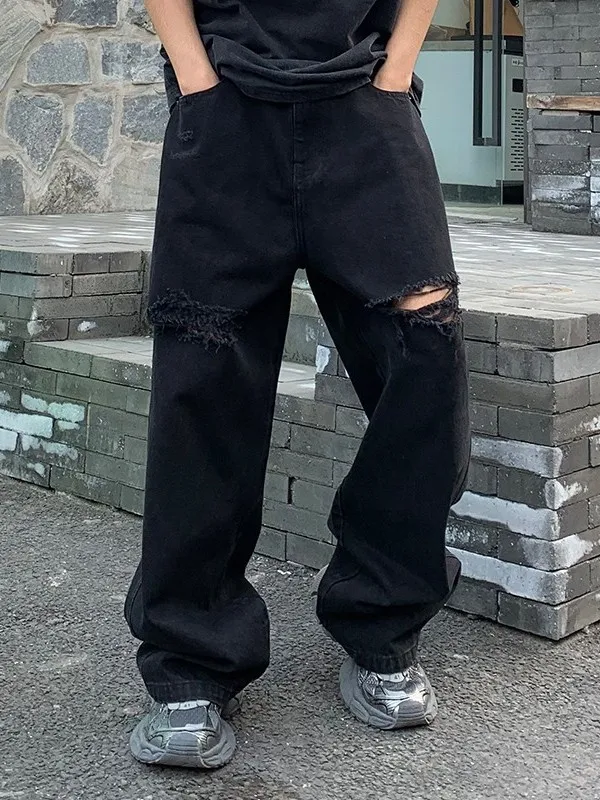 

Large Size Men's Straight Leg Jeans Spring Autumn High Waist Waed out Torn Casual Loose Fit Ro Sle Polyester Fiber