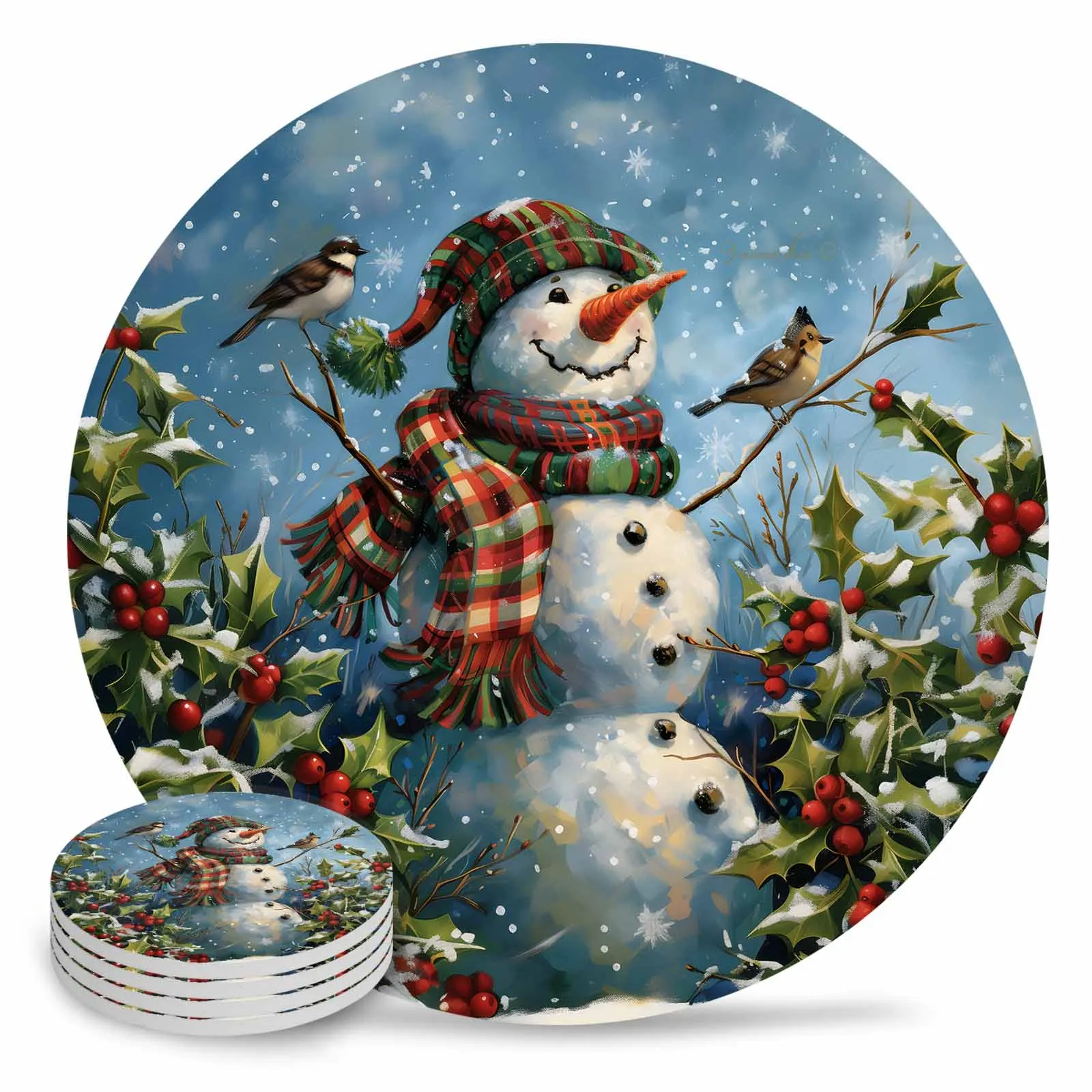 Christmas Snowman Plant Red Fruit Bird Round Coaster Coffee Table Mats Kitchen Accessories Absorbent Ceramic Coasters