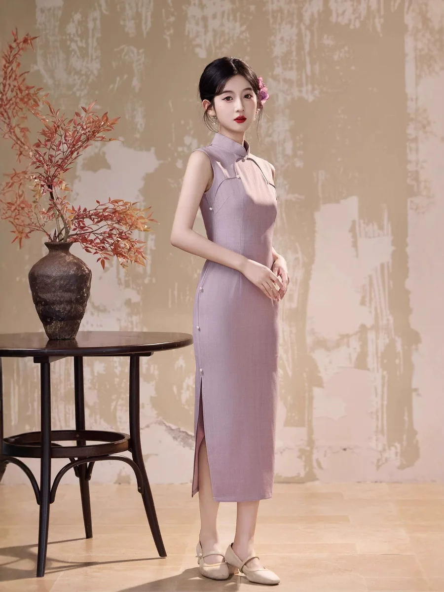 

Новинка лета 2029, фиолетовое платье Ципао без рукавов в стиле ретро, молодой Cheongsam, элегантное облегающее длинное платье Ципао