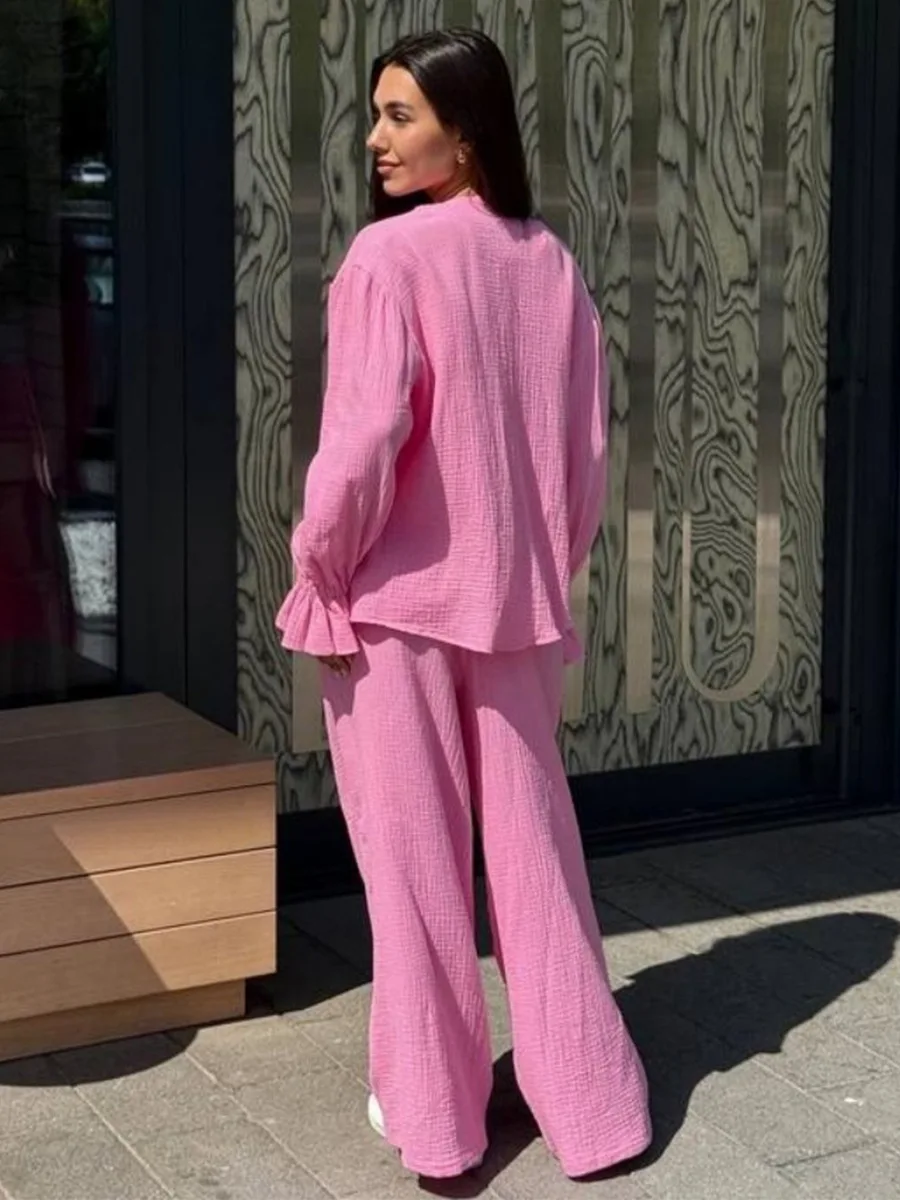 Wolfeel 여성용 신상품 2026 가을 100% 면 랜턴 슬리브 긴팔 세트 루즈 카디건 와이드 레그 팬츠 2피스 세트