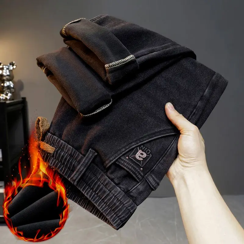 جينز عالي الجودة مبطن بالصوف للرجال لخريف وشتاء دافئ قابل للتمدد من قماش الدنيم أميري جينز ناعم مريح ملابس يومية