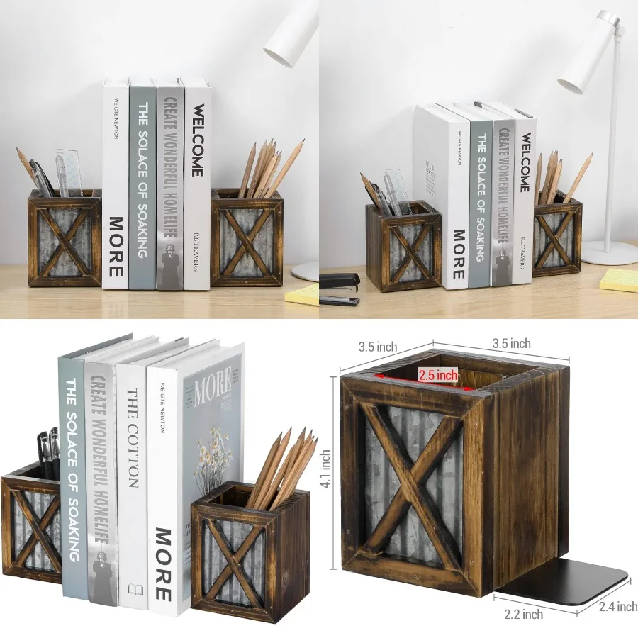 fermalibri-decorativi-in-legno-bruciato-rustico-con-accenti-in-metallo-zincato-ondulato-per-l'home-office-l'aula-la-stanza-del-dormitorio-il-funzionamento