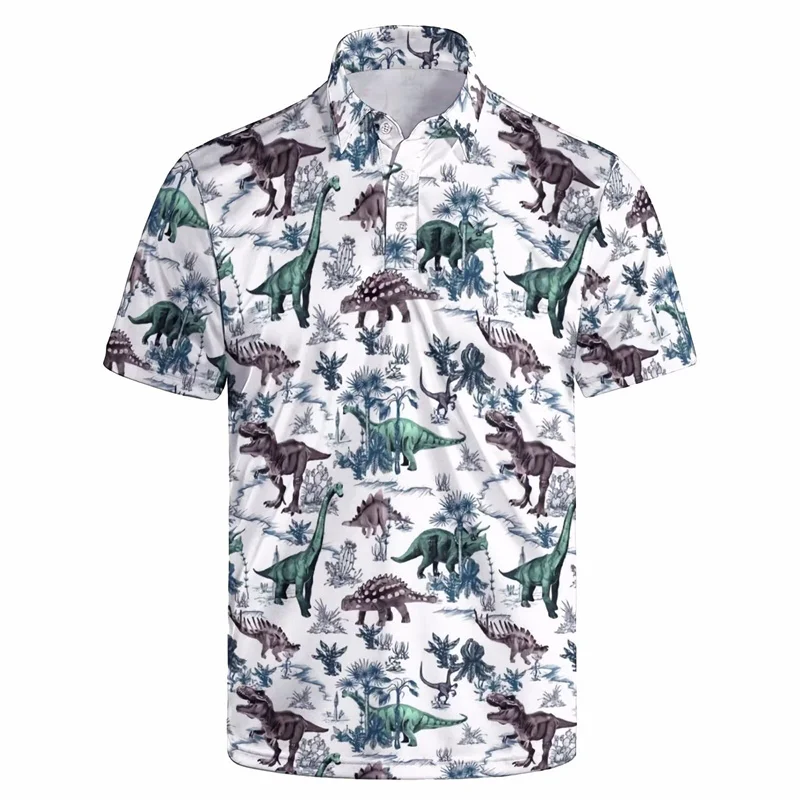 Hawaiian Plants Pattern Polo Shirt Men 3D Print Dinosaur Shark Short Sleeves T-shirt Hot Sale Summer Button Loose Lapel T Shirts