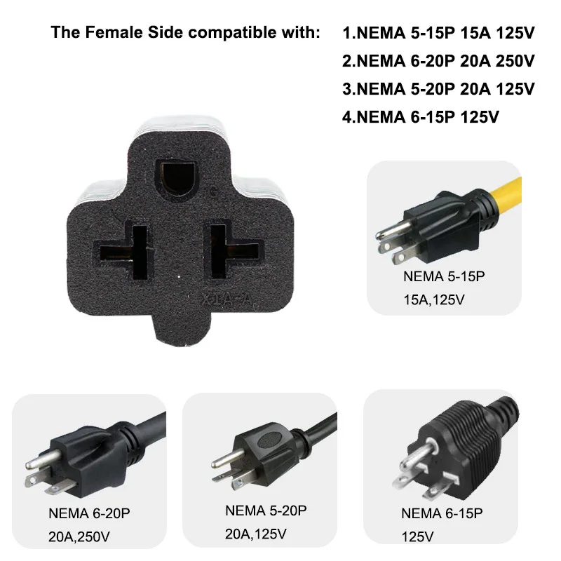 [4-in-1]15 Amp Household AC Plug to 20 Amp T Blade Female Adapter,Nema 5-15P to 5-20R,5-15P to 6-15R,5-15P to 6-20R Plug Outlet