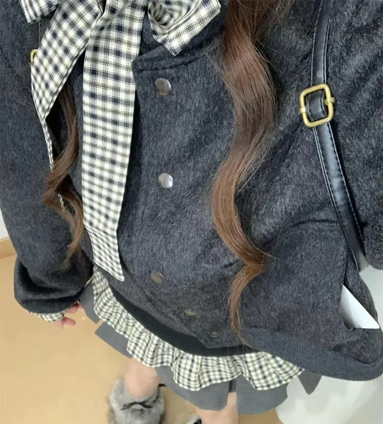 Women 3 Piece Outfit Set Short Cardigan + Plaid Shirt + Pleated Skirt  Vintage Y2k  Sweet Chic Casual Clothes D