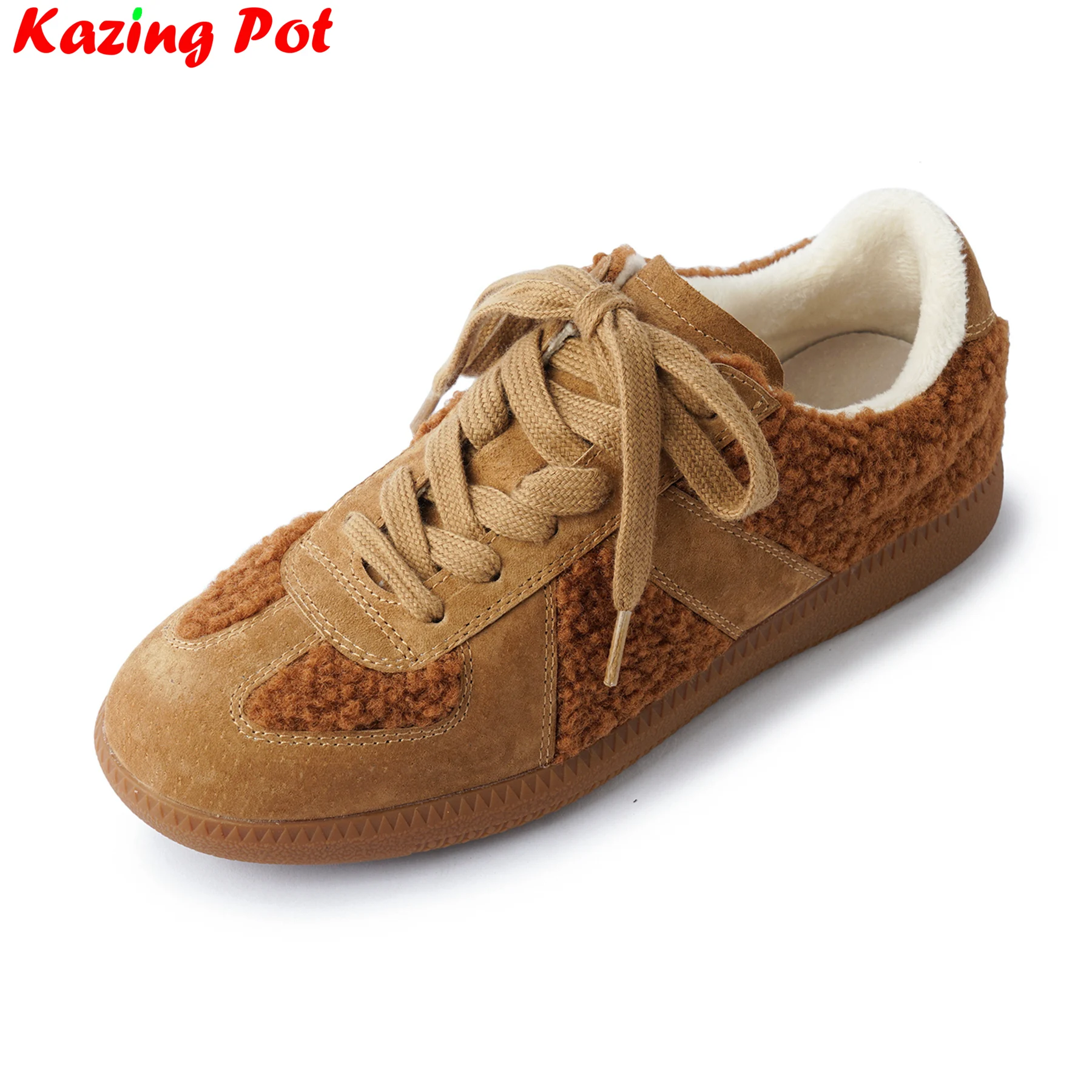 Krazing Pot 2025 Cow Suede Flat With Round Toe Winter Autumn Shoes Comfort Warm Sneakers Casual Luxury Women Vulcanized Shoes