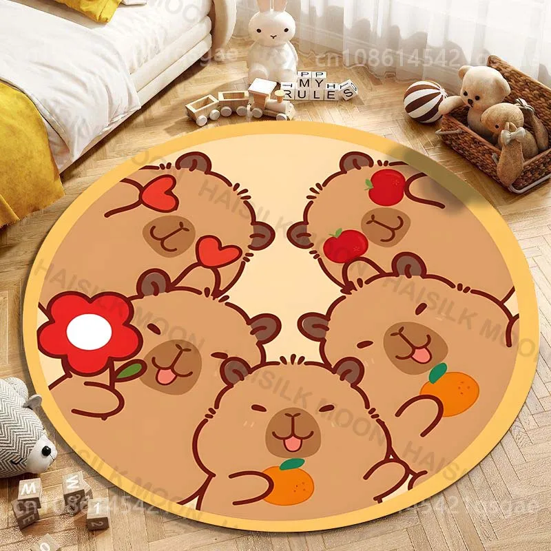 Cute Capybara Cartoon Printing Round Carpet Living Room Bedroom Table Chair Sofa Decorative Carpet and Rug Play Mat for Gifts