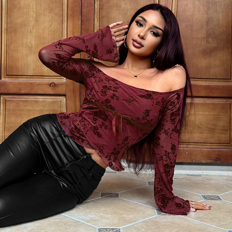 

Sexy Net oulder T-irt Long Sve Floral Print Women's Faion Top Comfortable Polyester Material Slim Fit Summer 2024