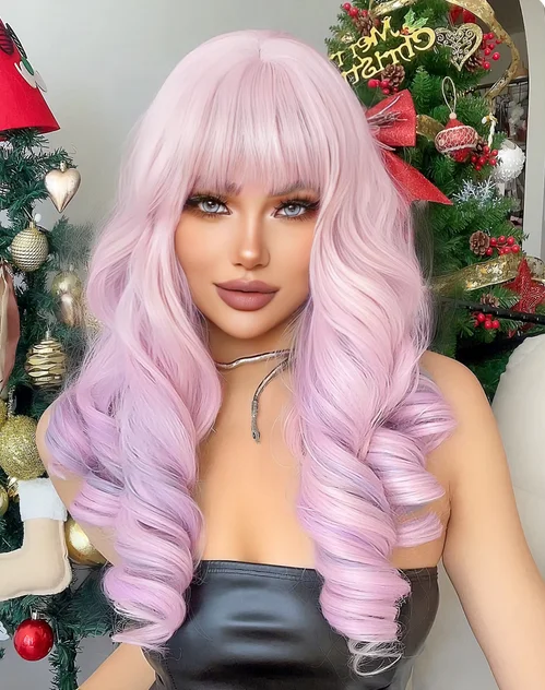 22Inch Cherry Blossom Pink Color Synthetic Wigs With Bang Long Natural Curly Hair Wig For Women Cosplay Party Heat Resistant