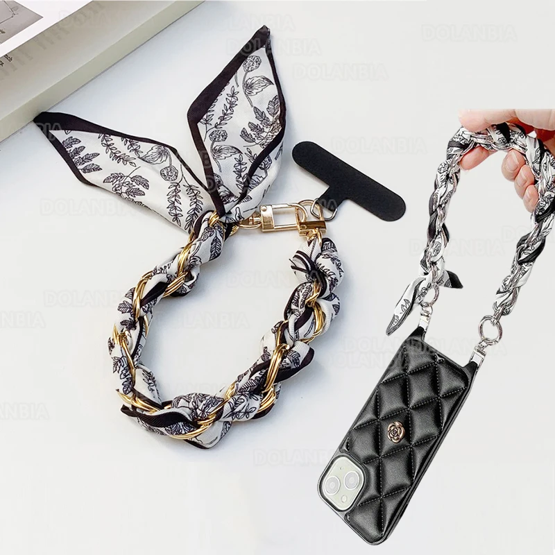 Classic Design Mobile Phone Hanging Chain Wrist RopeScarf Metal Combination Handbag Wrist Lanyard Short Phone Case Chain