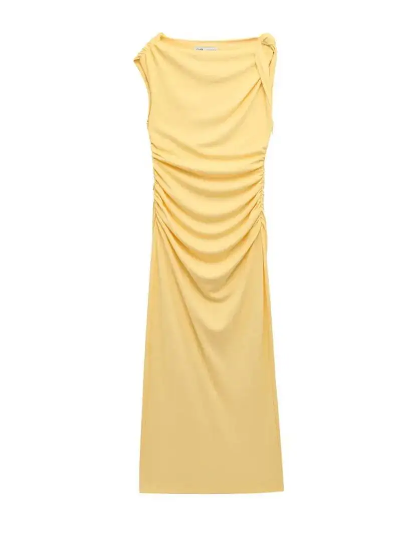 Vintage Casual Women Dress Yellow Solid O-Neck Sleeveless Asymmetrical Straight Vestidos Fashion 2025 Spring Summer Dress XWJ7