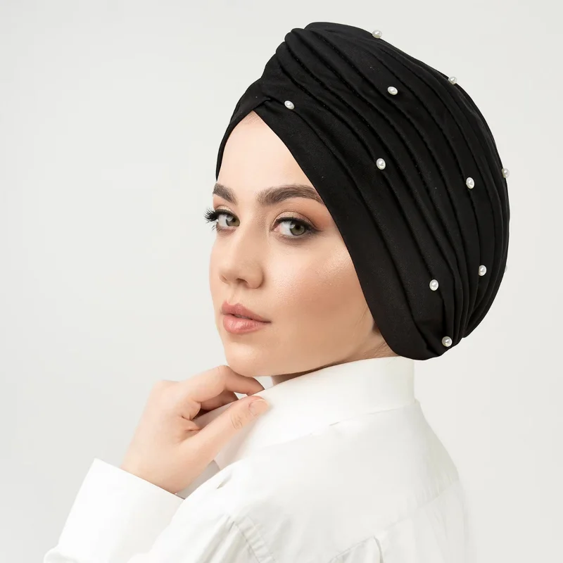 KepaHoo Solid Color Pearl Crinkle Women Muslim Hijab Caps Wrap Soft Elastic Ladies Turban Bonnet Islamic Clothing Accessories