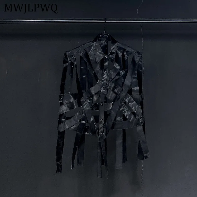 

MWJLPWQ Hollow Design Texture Shirt Long Sleeve For Men Lapel Lace Up Women Loose Casual Black Tops 2025 Autumn New Tide 11452