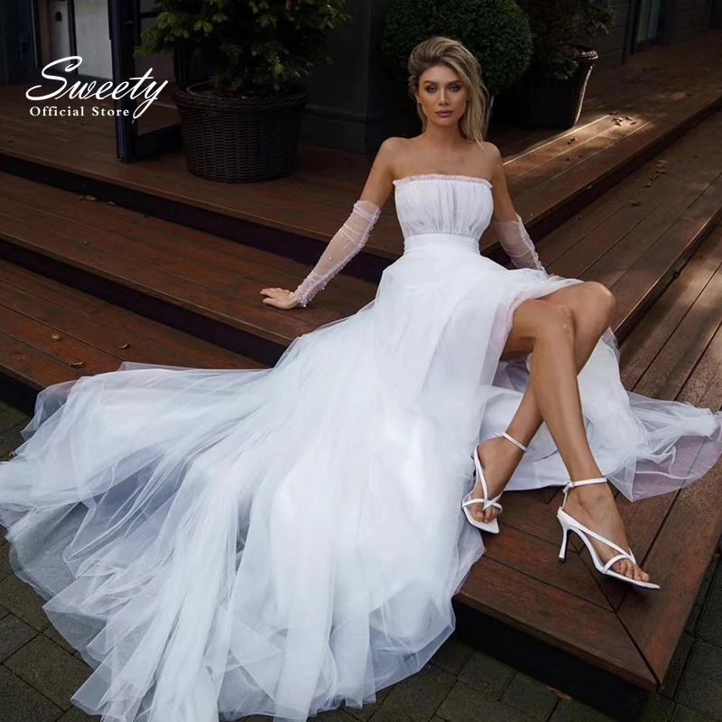 

Elegant Sexy Wedding Dress Ruffled Organza With Beach A-line Floor Length Strapless Detachable Half Sleeve Ball Gown Illusion