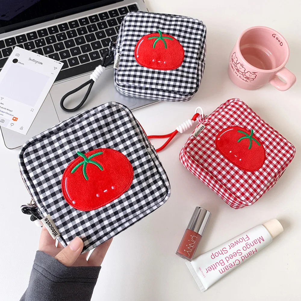 Cute Tomato Plaid Small Cosmetic Pouch, Portable Zipper Storage Bag For Lipstick Sanitary Pad With Hand Strap