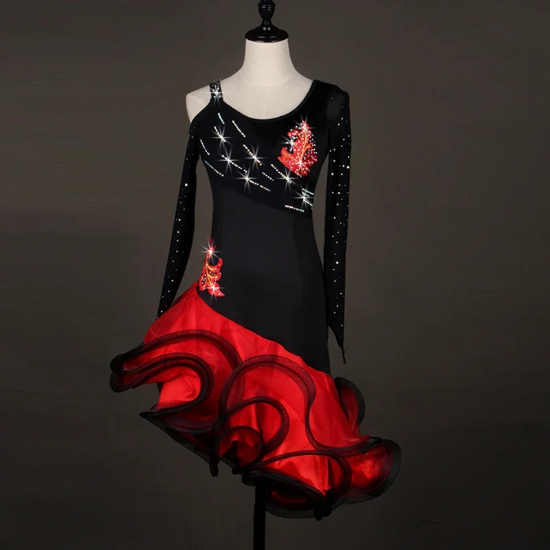 2026 Red Latin Dance Competition Costume Sexy New Adult Wear Women Midi Dress Ballroom Clothes Girl Sport Party Skirt Customized
