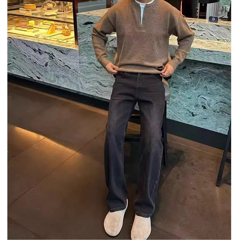 

Новые мужские джинсы в американском ретро-стиле, широкие прямые брюки, свободные, роскошные, простые, длинные, повседневные, модные, осень-зима